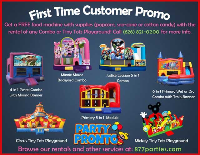 Get a FREE food machine with supplies (popcorn, sno-cone or cotton candy) with the rental of any Combo or Tiny Tots playground!!
